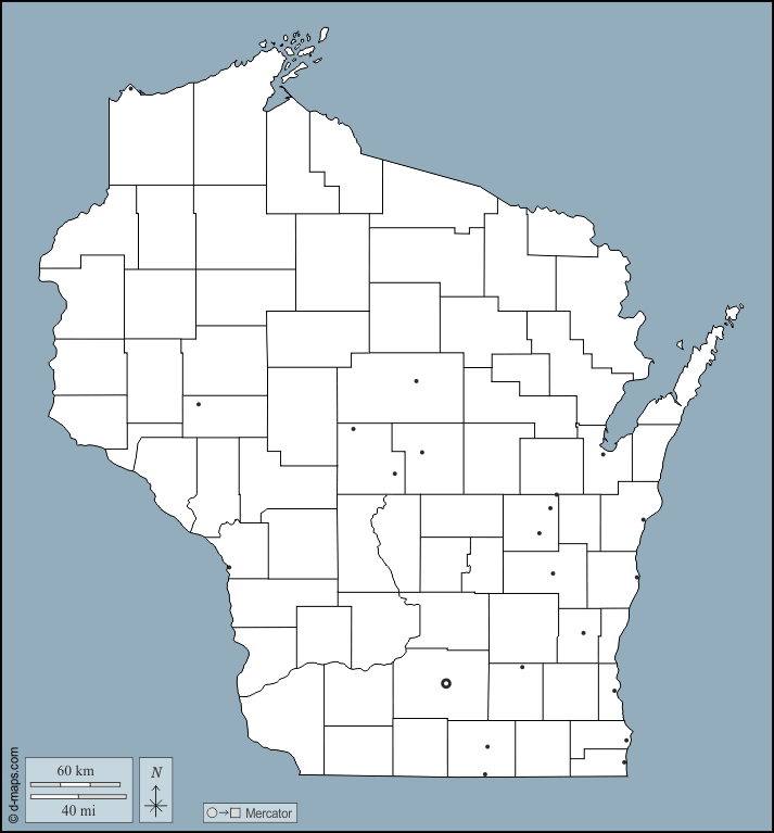 Wisconsin : d-maps.com: mappa gratuita, mappa muta gratuita, cartina muta gratuita : contorni, contee, principali città