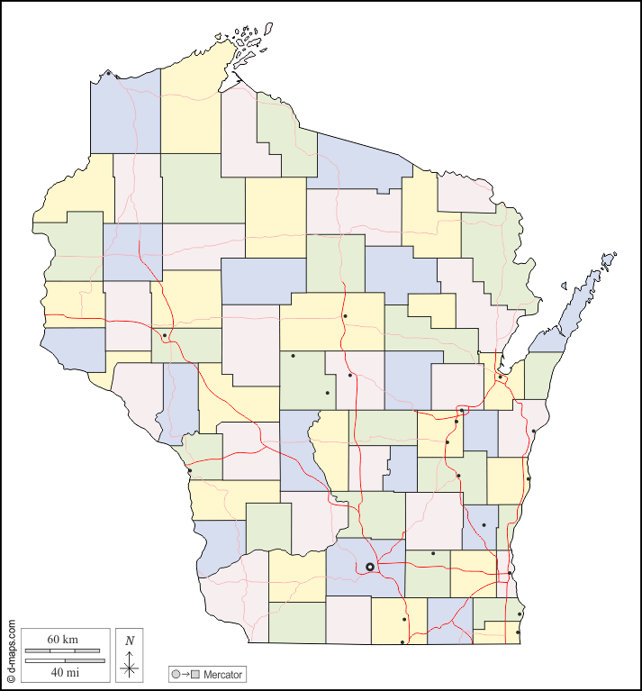 Wisconsin : d-maps.com: mappa gratuita, mappa muta gratuita, cartina muta gratuita : contorni, contee, principali città, strade, colore, bianco