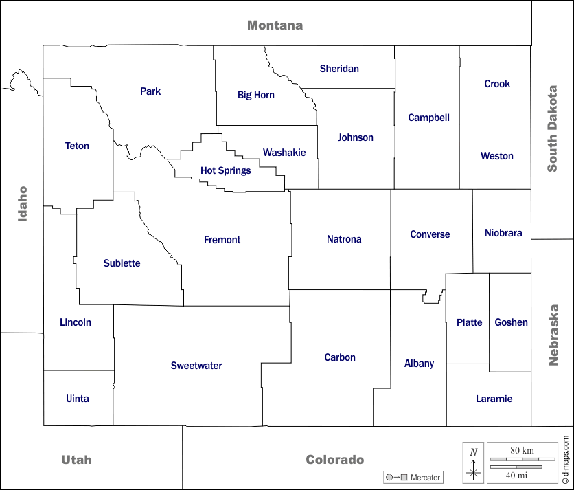 Wyoming : d-maps.com: mappa gratuita, mappa muta gratuita, cartina muta gratuita : frontiere, contee, nomi, bianco