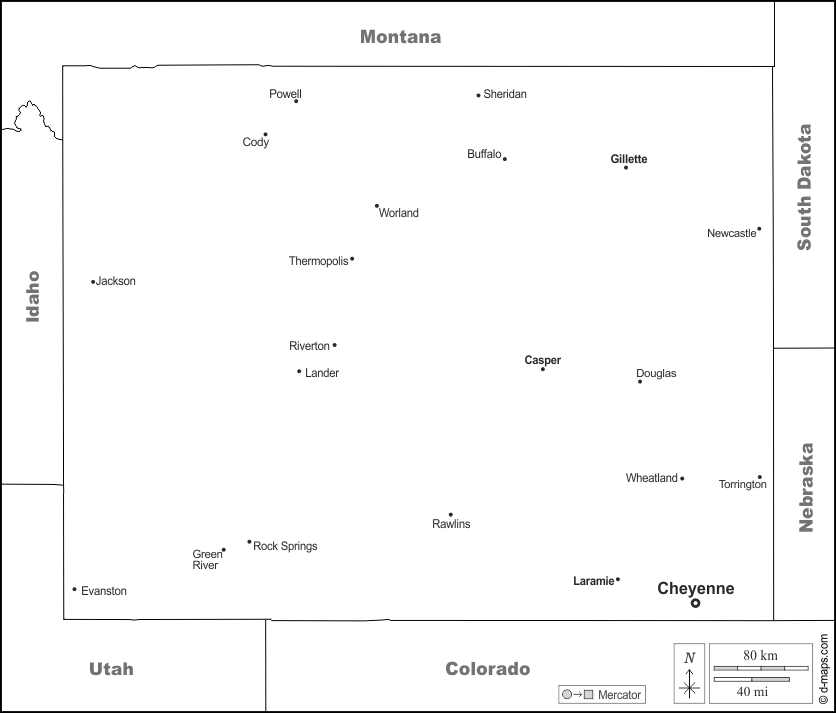 Wyoming : d-maps.com: mappa gratuita, mappa muta gratuita, cartina muta gratuita : frontiere, principali città, nomi, bianco
