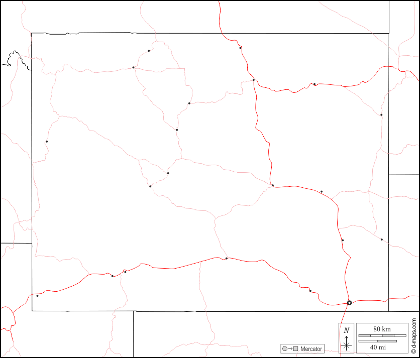 Wyoming : d-maps.com: mappa gratuita, mappa muta gratuita, cartina muta gratuita : frontiere, principali città, strade, bianco
