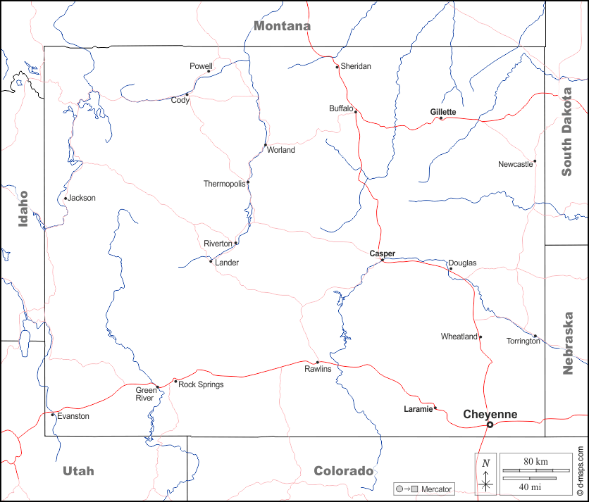 Wyoming : d-maps.com: mappa gratuita, mappa muta gratuita, cartina muta gratuita : frontiere, idrografia, principali città, strade, nomi, bianco
