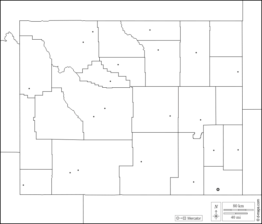 Wyoming : d-maps.com: mappa gratuita, mappa muta gratuita, cartina muta gratuita : frontiere, contee, principali città, bianco