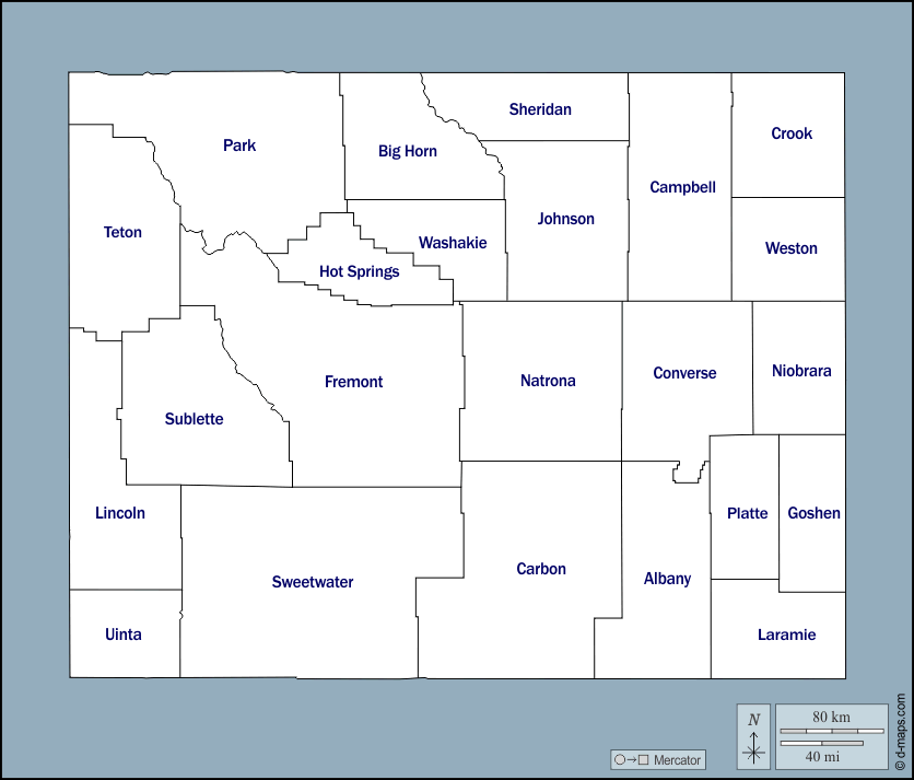Wyoming : d-maps.com: mappa gratuita, mappa muta gratuita, cartina muta gratuita : contorni, contee, nomi