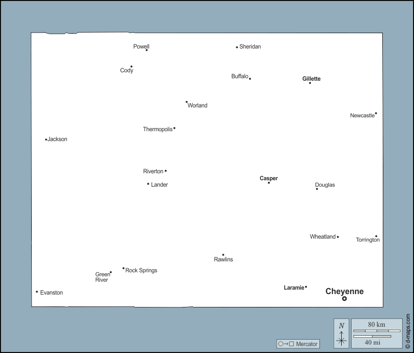 Wyoming : d-maps.com: mappa gratuita, mappa muta gratuita, cartina muta gratuita : contorni, principali città, nomi