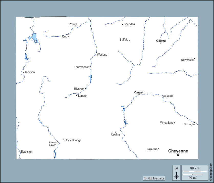 Wyoming : d-maps.com: mappa gratuita, mappa muta gratuita, cartina muta gratuita : contorni, idrografia, principali città, nomi