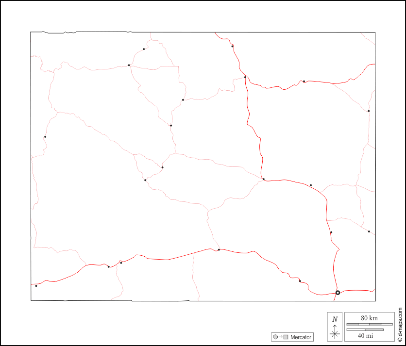Wyoming : d-maps.com: mappa gratuita, mappa muta gratuita, cartina muta gratuita : contorni, principali città, strade, bianco