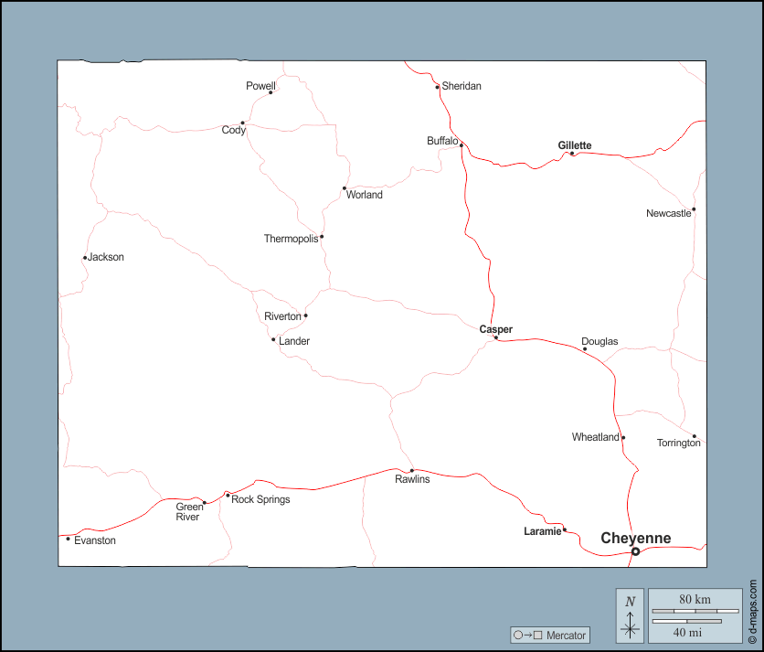 Wyoming : d-maps.com: mappa gratuita, mappa muta gratuita, cartina muta gratuita : contorni, principali città, strade, nomi
