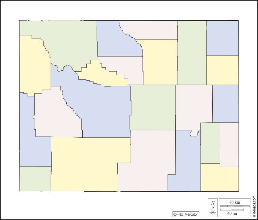 Wyoming : d-maps.com: mappa gratuita, mappa muta gratuita, cartina muta gratuita : contorni, contee, colore, bianco