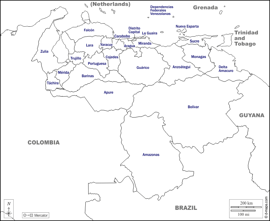 Venezuela : d-maps.com: mappa gratuita, mappa muta gratuita, cartina muta gratuita : frontiere, stati, nomi, bianco