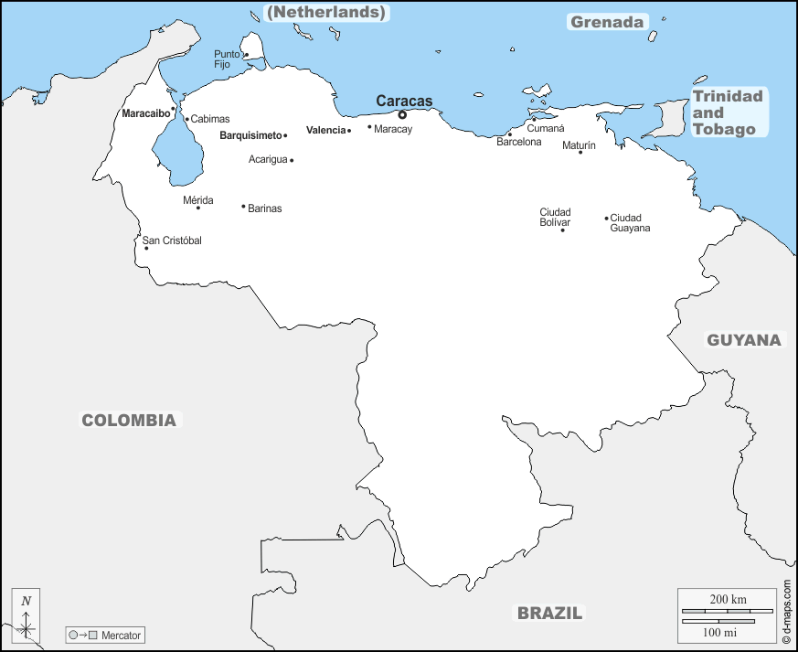 Venezuela : d-maps.com: mappa gratuita, mappa muta gratuita, cartina muta gratuita : frontiere, principali città, nomi