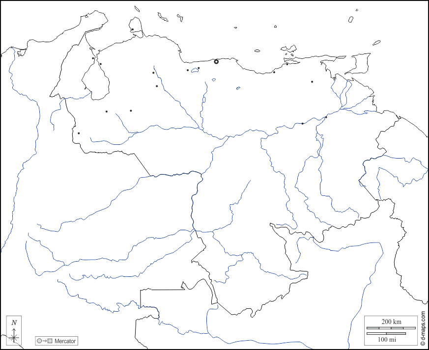 Venezuela : d-maps.com: mappa gratuita, mappa muta gratuita, cartina muta gratuita : frontiere, idrografia, principali città, bianco