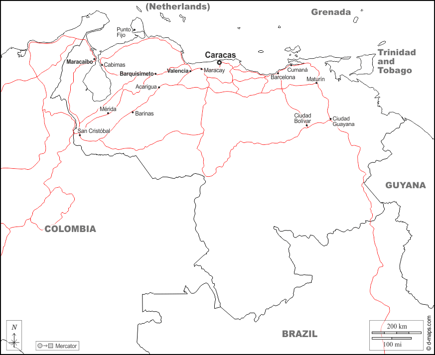 Venezuela : d-maps.com: mappa gratuita, mappa muta gratuita, cartina muta gratuita : frontiere, principali città, strade, nomi, bianco