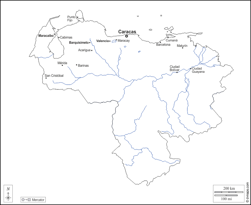 Venezuela : d-maps.com: Kostenlose Karten, kostenlose stumme Karte, kostenlose unausgefüllt Landkarte, kostenlose hochauflösende Umrisskarte : Umrisse, Hydrografie, Wichtige Städte, Namen, weiß