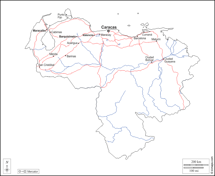 Venezuela : d-maps.com: mappa gratuita, mappa muta gratuita, cartina muta gratuita : contorni, idrografia, principali città, strade, nomi, bianco