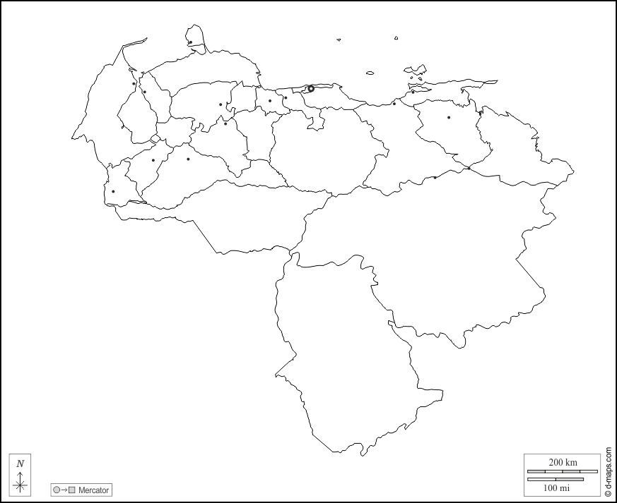 Venezuela : d-maps.com: mappa gratuita, mappa muta gratuita, cartina muta gratuita : contorni, stati, principali città, bianco