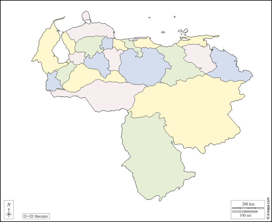 Venezuela : d-maps.com: mappa gratuita, mappa muta gratuita, cartina muta gratuita : contorni, stati, colore, bianco