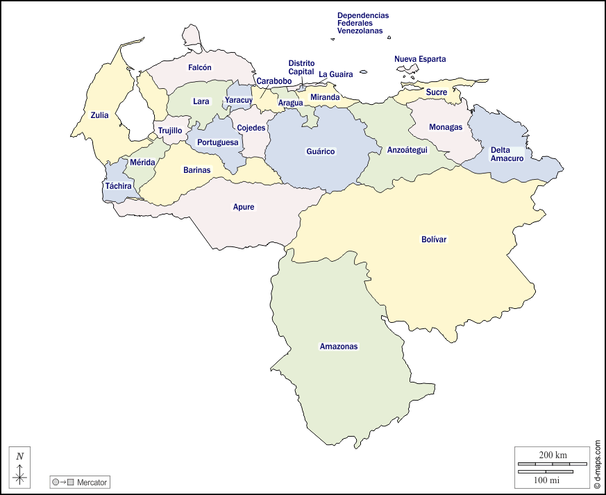 Venezuela : d-maps.com: mappa gratuita, mappa muta gratuita, cartina muta gratuita : contorni, stati, nomi, colore, bianco