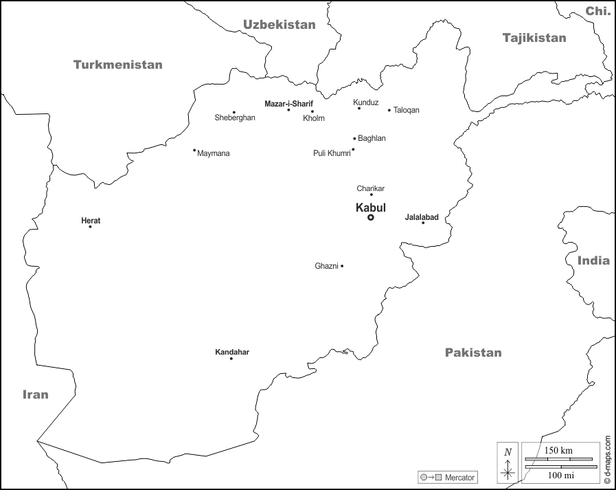 Afghanistan : d-maps.com: mappa gratuita, mappa muta gratuita, cartina muta gratuita : frontiere, principali città, nomi, bianco