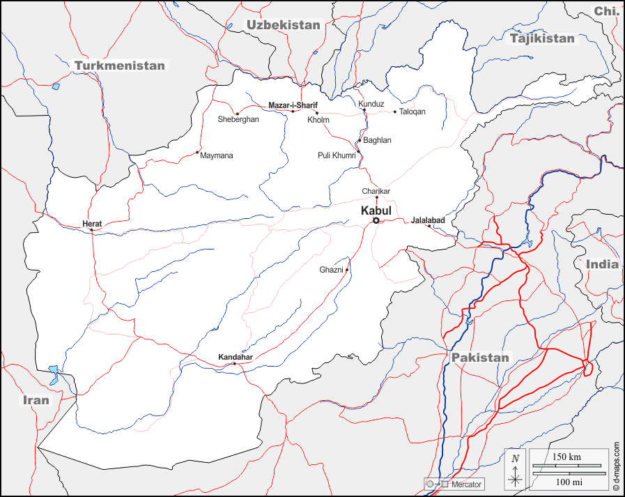 Afghanistan : d-maps.com: mappa gratuita, mappa muta gratuita, cartina muta gratuita : frontiere, idrografia, principali città, strade, nomi
