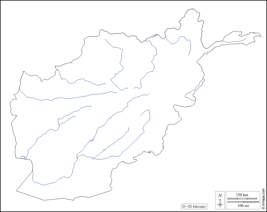 Afghanistan : d-maps.com: mappa gratuita, mappa muta gratuita, cartina muta gratuita : contorni, idrografia, bianco