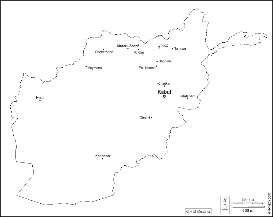 Afghanistan : d-maps.com: mappa gratuita, mappa muta gratuita, cartina muta gratuita : contorni, principali città, nomi, bianco