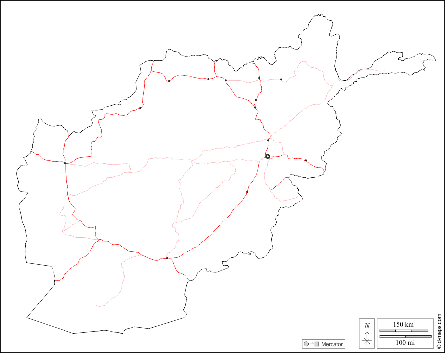 Afghanistan : d-maps.com: mappa gratuita, mappa muta gratuita, cartina muta gratuita : contorni, principali città, strade, bianco