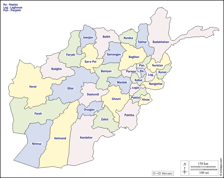 Afghanistan : d-maps.com: mappa gratuita, mappa muta gratuita, cartina muta gratuita : contorni, province, nomi, colore, bianco