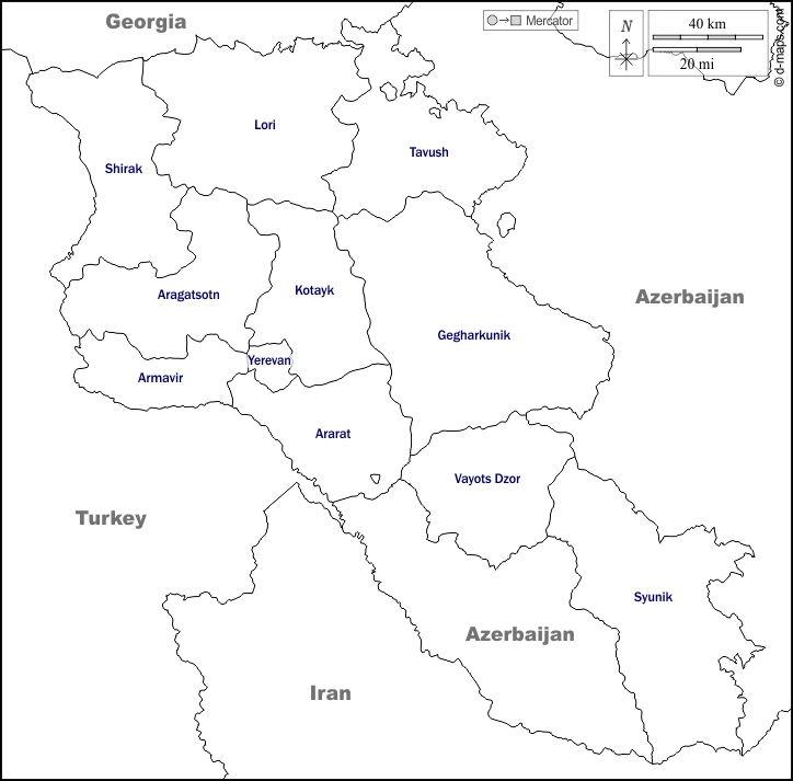 Armenia : d-maps.com: free map, free blank map, free outline map, free base map : boundaries, regions, names, white