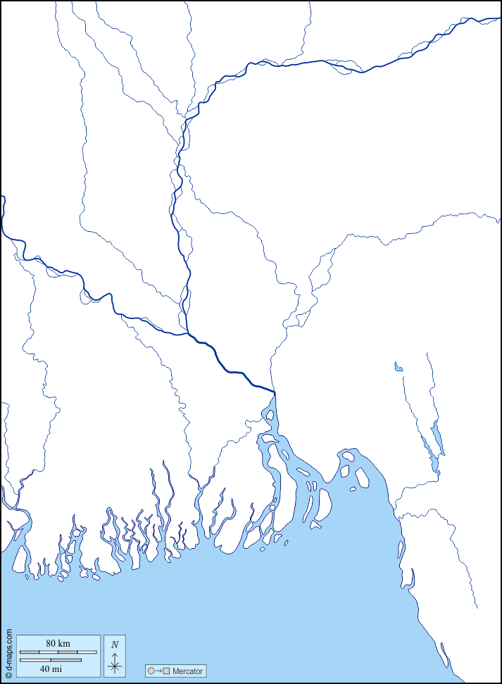 Bangladesh : d-maps.com: mappa gratuita, mappa muta gratuita, cartina muta gratuita : litorali, idrografia, bianco