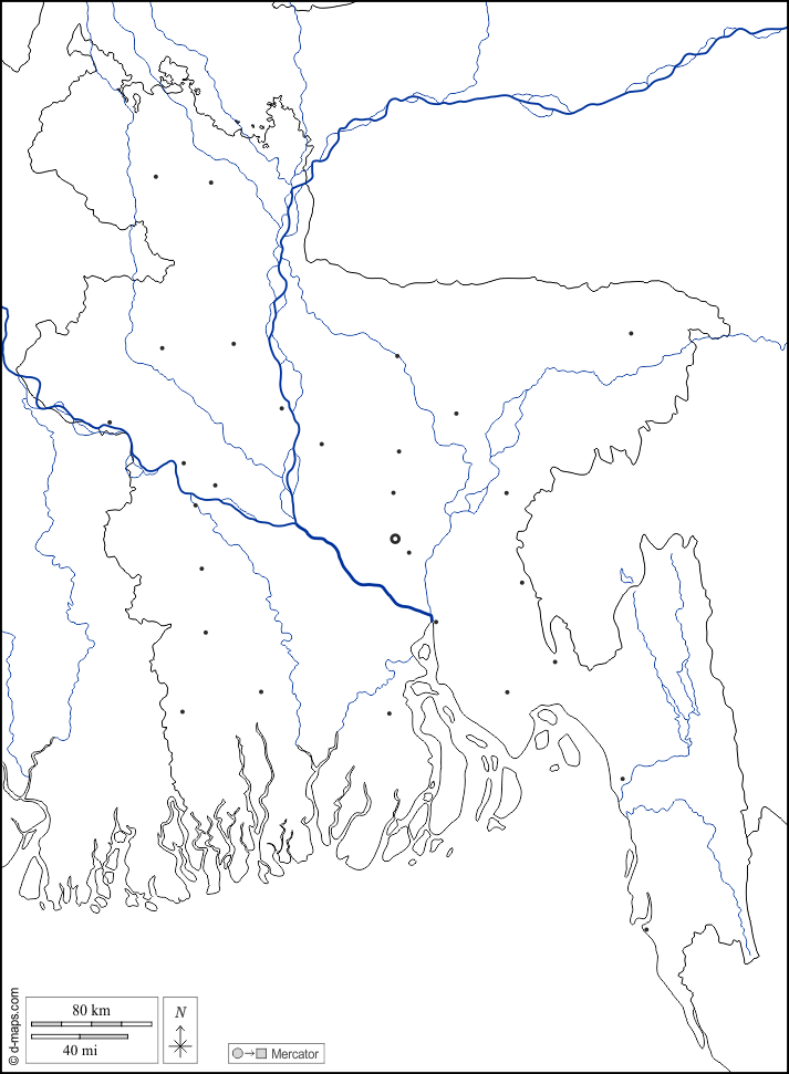 Bangladesh : d-maps.com: mappa gratuita, mappa muta gratuita, cartina muta gratuita : frontiere, idrografia, principali città, bianco