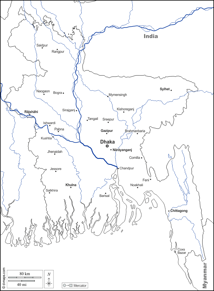 Bangladesh : d-maps.com: mappa gratuita, mappa muta gratuita, cartina muta gratuita : frontiere, idrografia, principali città, nomi, bianco