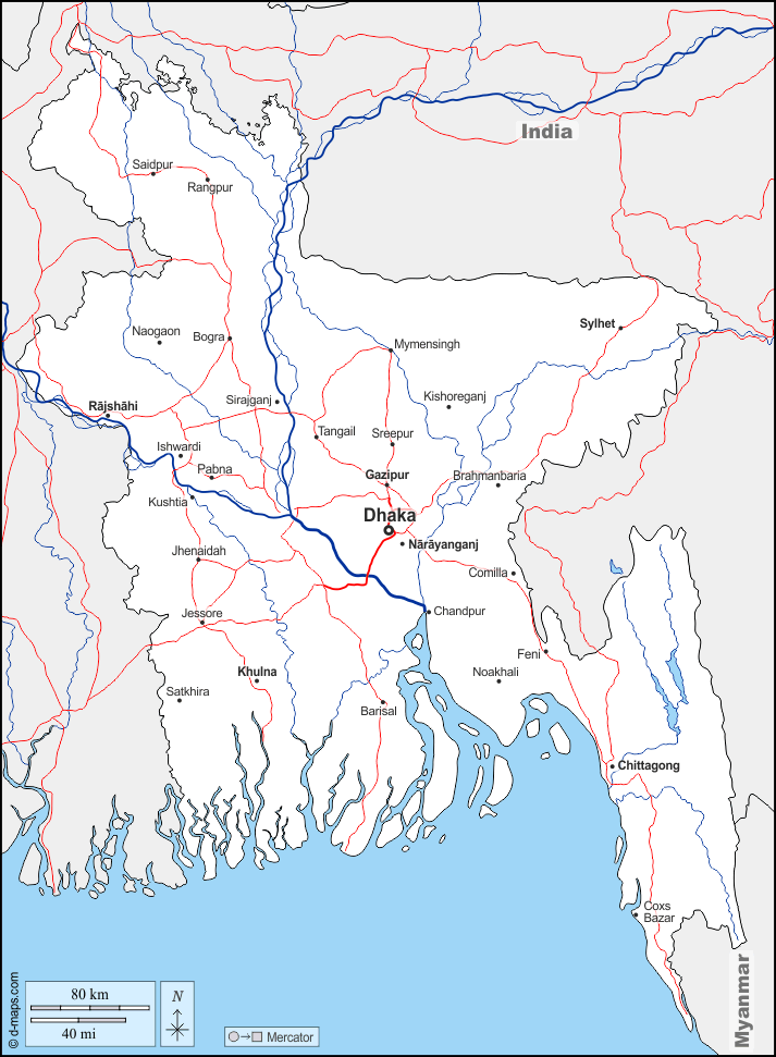 Bangladesh : d-maps.com: mappa gratuita, mappa muta gratuita, cartina muta gratuita : frontiere, idrografia, principali città, strade, nomi