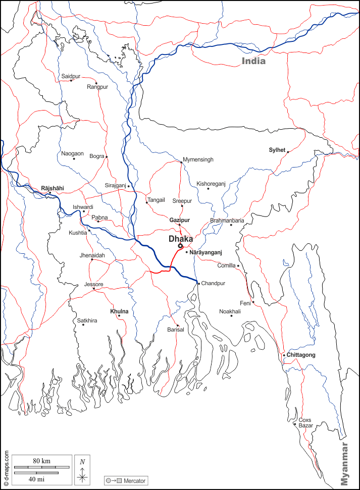 Bangladesh : d-maps.com: mappa gratuita, mappa muta gratuita, cartina muta gratuita : frontiere, idrografia, principali città, strade, nomi, bianco