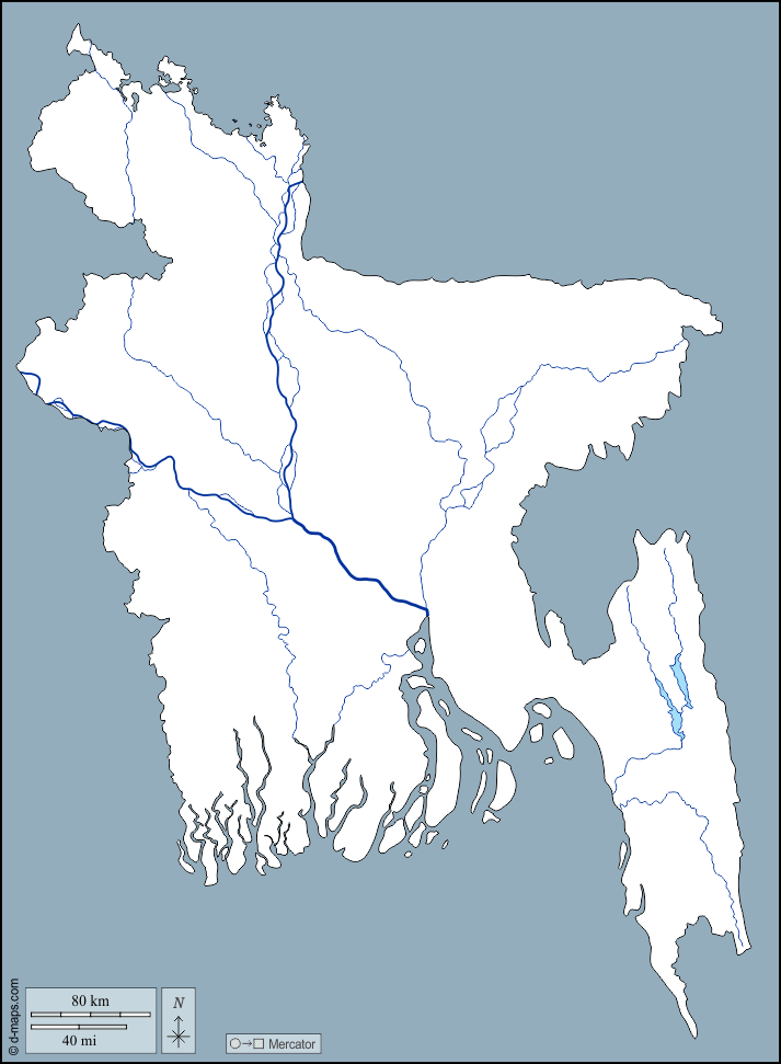 Bangladesh : d-maps.com: mappa gratuita, mappa muta gratuita, cartina muta gratuita : contorni, idrografia