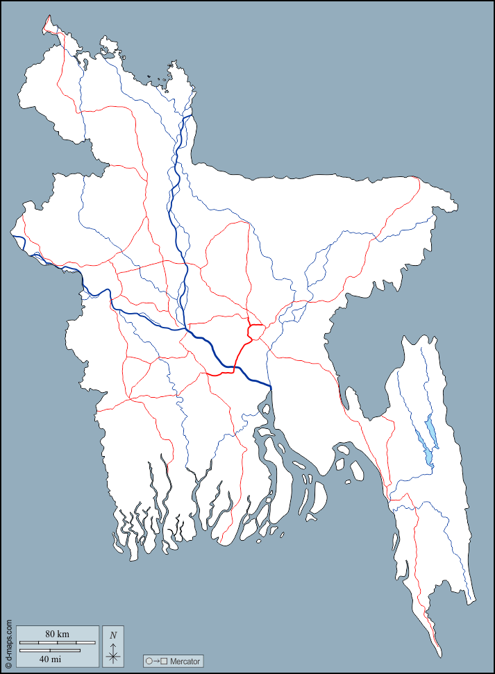 Bangladesch : d-maps.com: Kostenlose Karten, kostenlose stumme Karte, kostenlose unausgefüllt Landkarte, kostenlose hochauflösende Umrisskarte : Umrisse, Hydrografie, Straßen