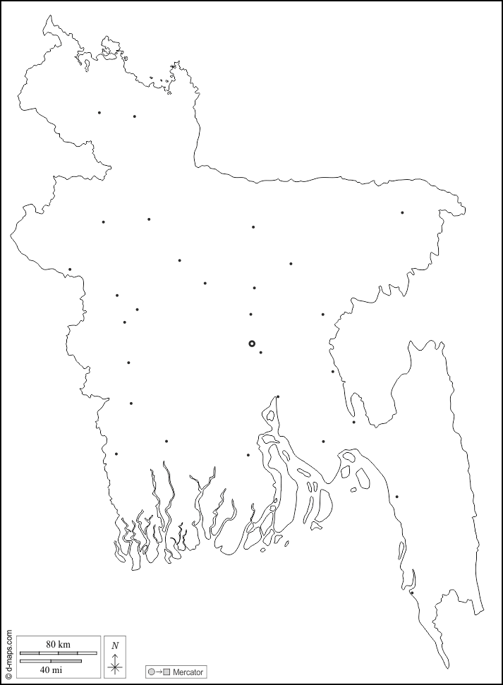 Bangladesh : d-maps.com: mappa gratuita, mappa muta gratuita, cartina muta gratuita : contorni, principali città, bianco