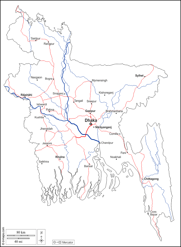 Bangladesh : d-maps.com: mappa gratuita, mappa muta gratuita, cartina muta gratuita : contorni, idrografia, principali città, strade, nomi, bianco