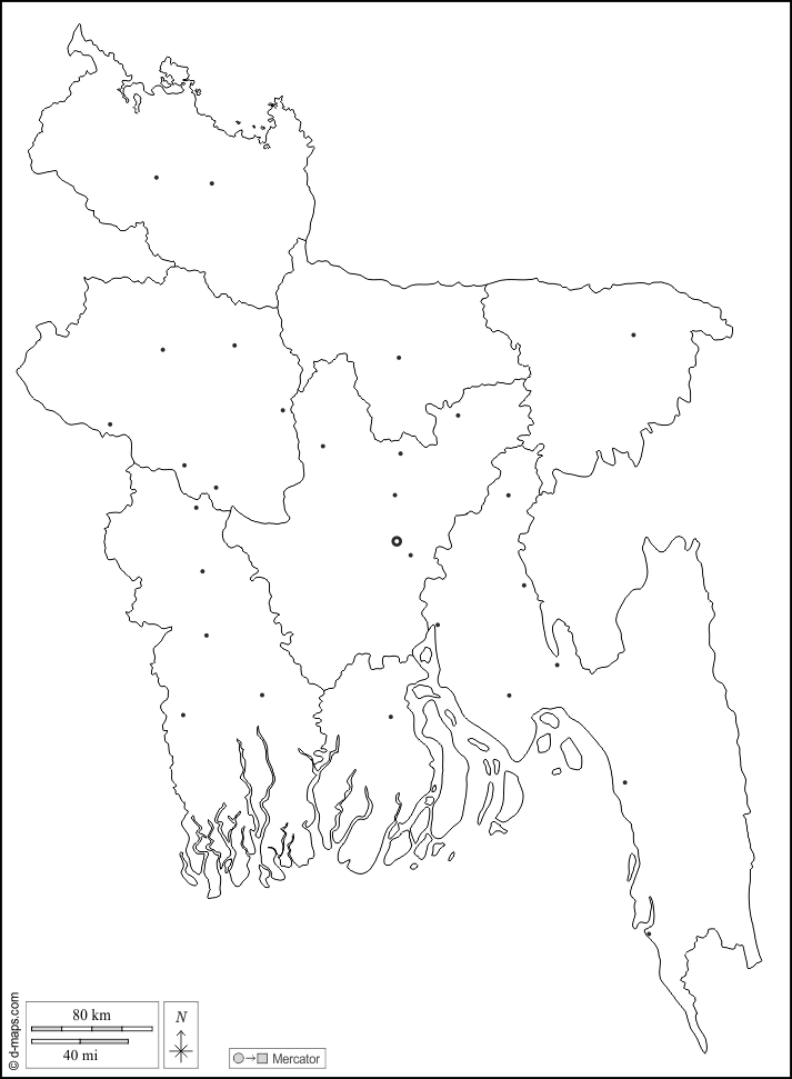 Bangladesh : d-maps.com: mappa gratuita, mappa muta gratuita, cartina muta gratuita : contorni, divisioni, principali città, bianco