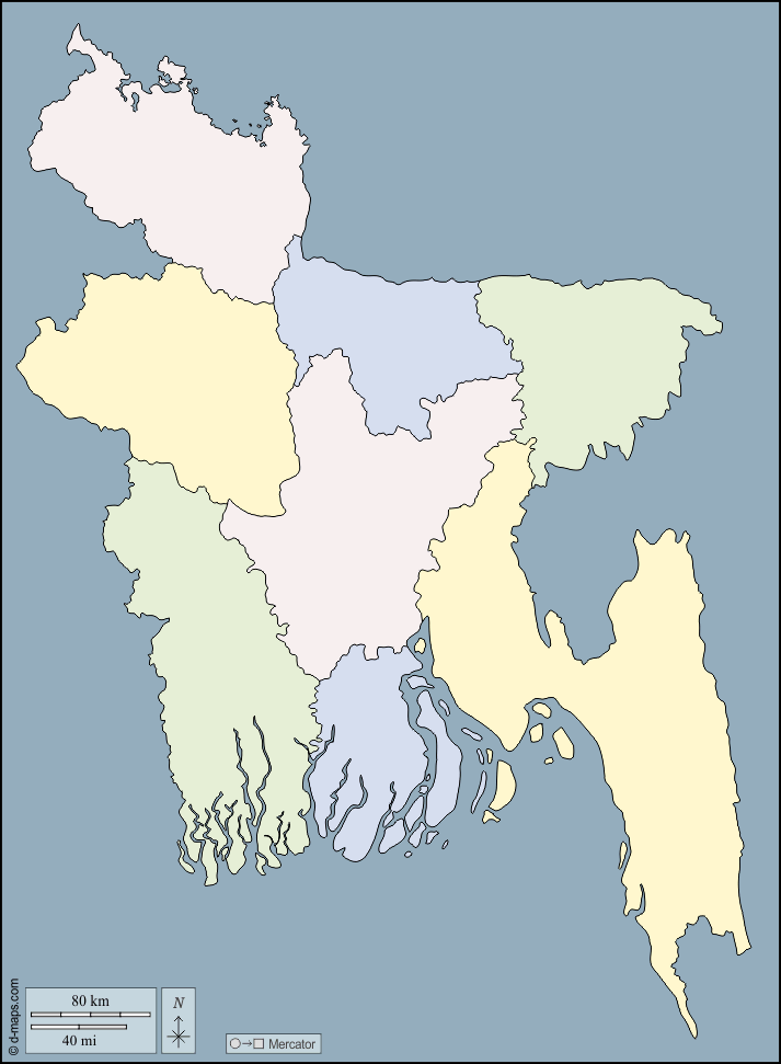 Bangladesh : d-maps.com: mappa gratuita, mappa muta gratuita, cartina muta gratuita : contorni, divisioni, colore