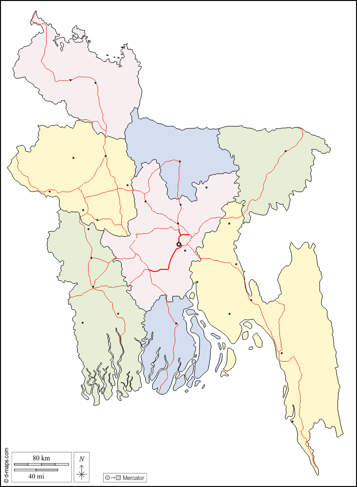 Bangladesh : d-maps.com: mappa gratuita, mappa muta gratuita, cartina muta gratuita : contorni, divisioni, principali città, strade, colore, bianco