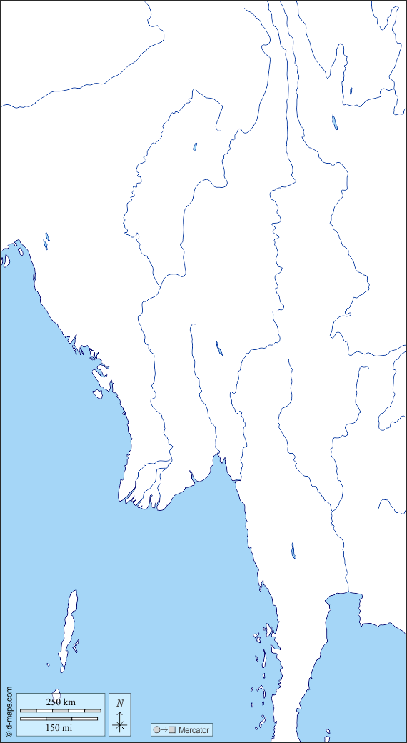 Birmania Myanmar : d-maps.com: mappa gratuita, mappa muta gratuita, cartina muta gratuita : litorali, idrografia