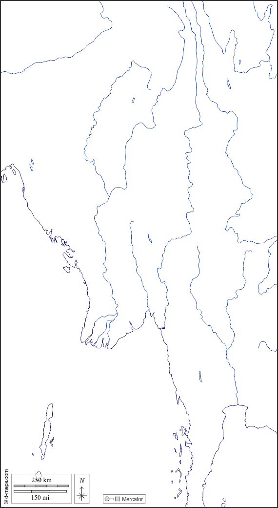 Birma Myanmar : d-maps.com: Kostenlose Karten, kostenlose stumme Karte, kostenlose unausgefüllt Landkarte, kostenlose hochauflösende Umrisskarte : Küsten, Hydrografie, weiß
