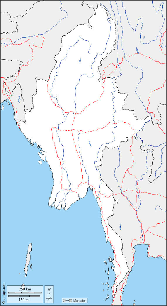 Birma Myanmar : d-maps.com: Kostenlose Karten, kostenlose stumme Karte, kostenlose unausgefüllt Landkarte, kostenlose hochauflösende Umrisskarte : Grenzen, Hydrografie, Straßen
