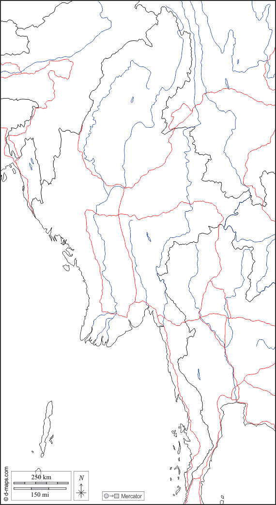Birmania Myanmar : d-maps.com: mappa gratuita, mappa muta gratuita, cartina muta gratuita : frontiere, idrografia, strade, bianco
