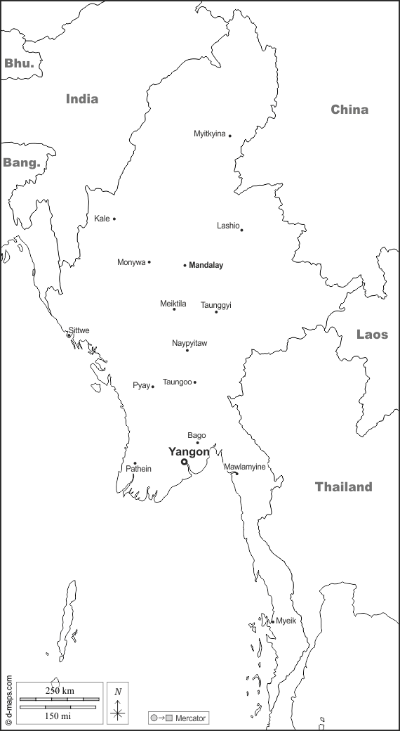 Birmania Myanmar : d-maps.com: mappa gratuita, mappa muta gratuita, cartina muta gratuita : frontiere, principali città, nomi, bianco