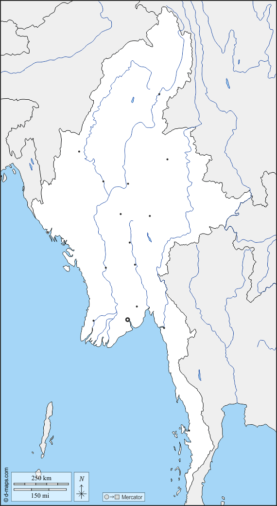 Birmania Myanmar : d-maps.com: mappa gratuita, mappa muta gratuita, cartina muta gratuita : frontiere, idrografia, principali città