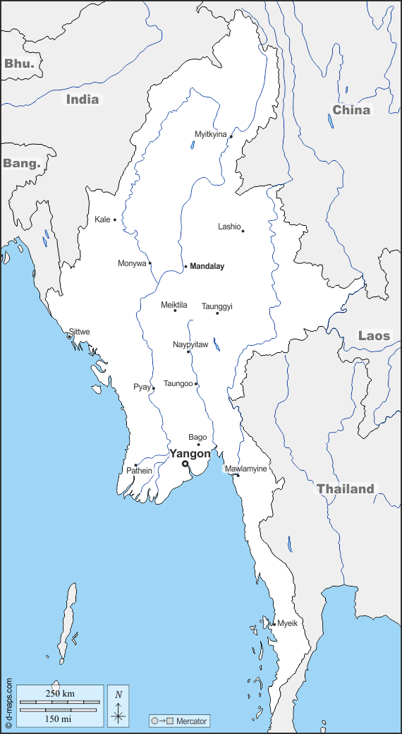 Birmania Myanmar : d-maps.com: mappa gratuita, mappa muta gratuita, cartina muta gratuita : frontiere, idrografia, principali città, nomi