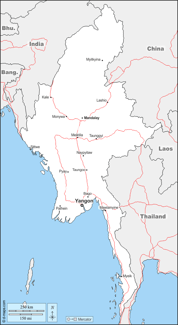 Birmania Myanmar : d-maps.com: mappa gratuita, mappa muta gratuita, cartina muta gratuita : frontiere, principali città, strade, nomi