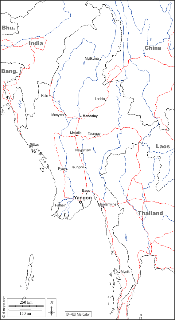 Birmania Myanmar : d-maps.com: mappa gratuita, mappa muta gratuita, cartina muta gratuita : frontiere, idrografia, principali città, strade, nomi, bianco